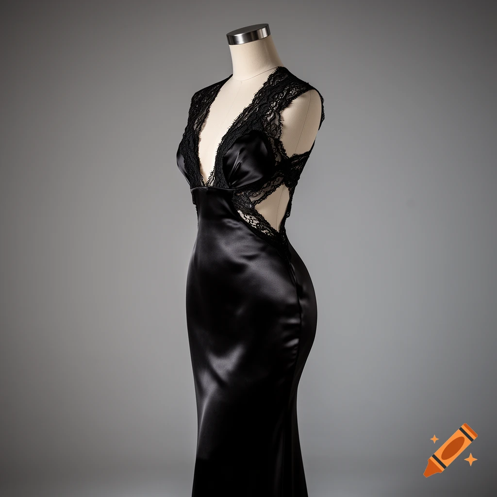 A black satin and lace evening gown with a deep V-neck and cut-outs, displayed on a mannequin.
