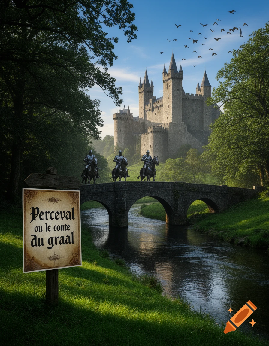 Three knights on horseback cross a stone bridge over a river towards a medieval castle, with a sign reading 'Perceval ou le conte du graal'.