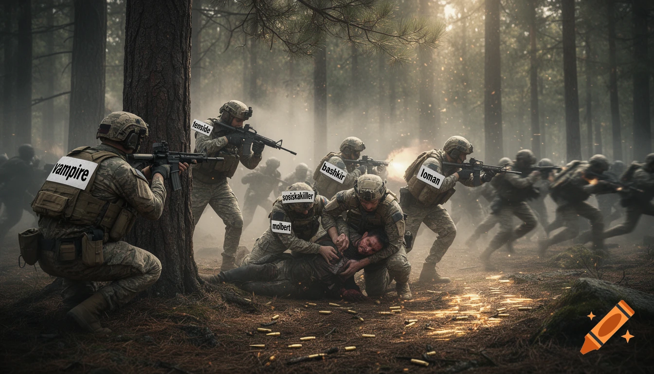 Soldiers in tactical gear engaged in a fierce gunfight within a smoky forest, tending to a fallen comrade amidst spent bullet casings.