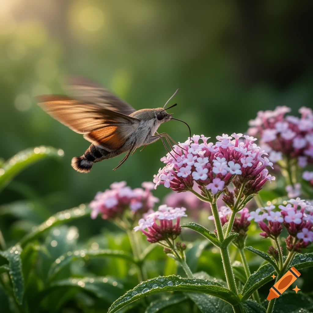 A photorealistic close-up of a hummingbird hawk-moth hovering over pink flowers, its wings blurred in motion, with a soft green background.