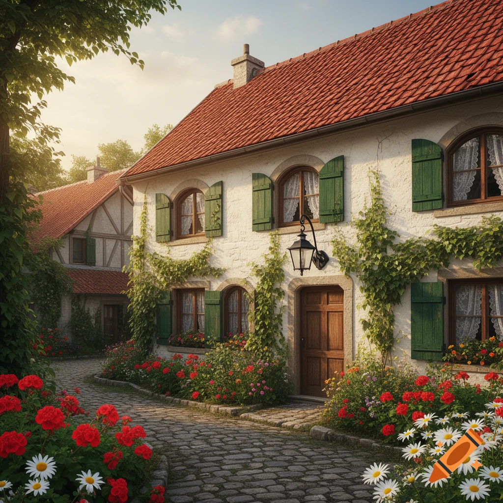 A charming white house with green shutters and a red roof, surrounded by vibrant red and white flowers along a cobblestone path.