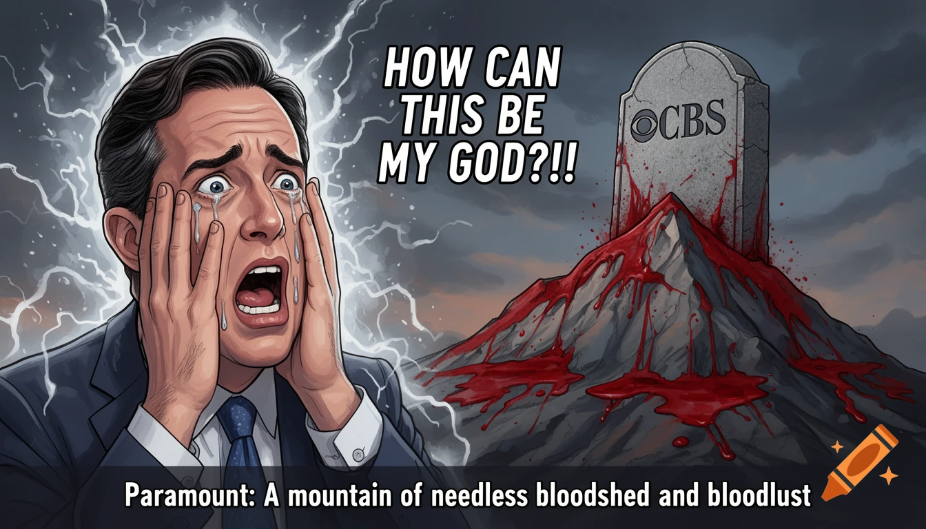 Cartoon of Stephen Colbert crying tearfully next to a blood-covered mountain with a CBS gravestone, under stormy skies, with text.