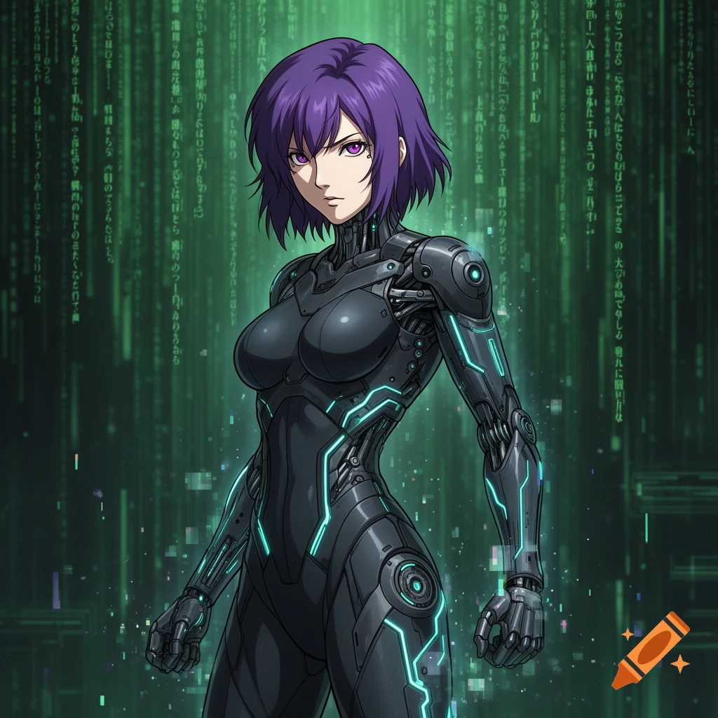 Anime style Motoko Kusanagi in a black and teal futuristic suit, standing against a green Matrix code background.