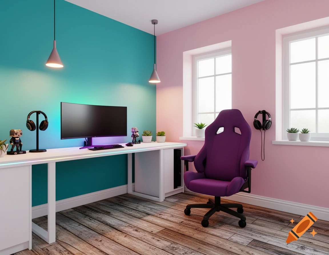 A vibrant gaming room with a large monitor, white desk, purple gaming chair, and colorful walls. Decor includes headphones and small figures.