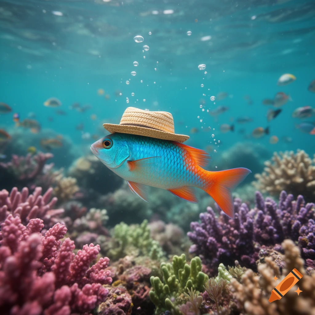 A colorful fish wearing a straw hat blows bubbles while swimming amongst vibrant coral reefs in a photorealistic underwater scene.