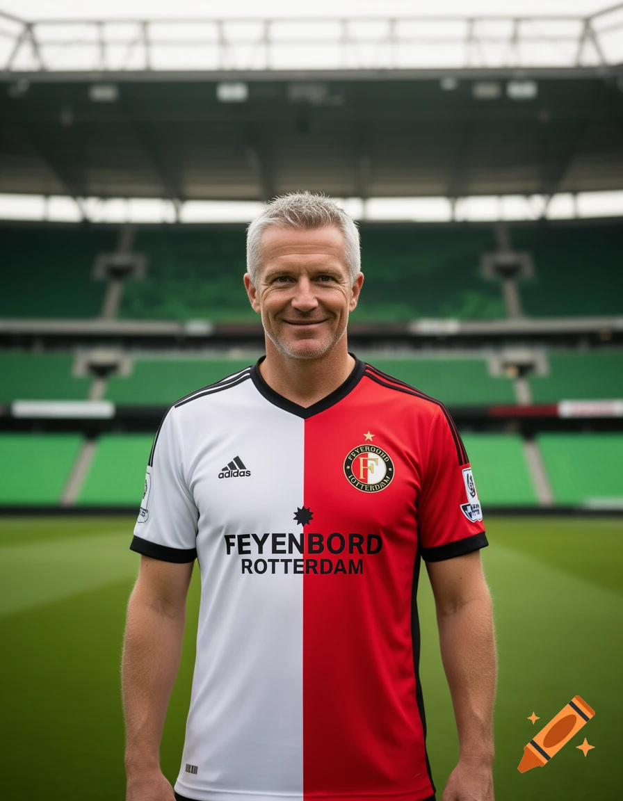 A smiling man with gray hair, resembling Alan Shearer, wears a red and white halved Feyenoord Rotterdam football jersey on a stadium pitch, photorealistic.