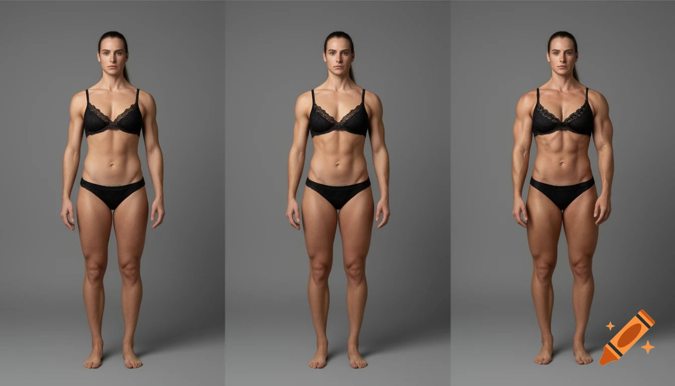 Three full-body comparison shots of a muscular person in black lace lingerie against a gray background.
