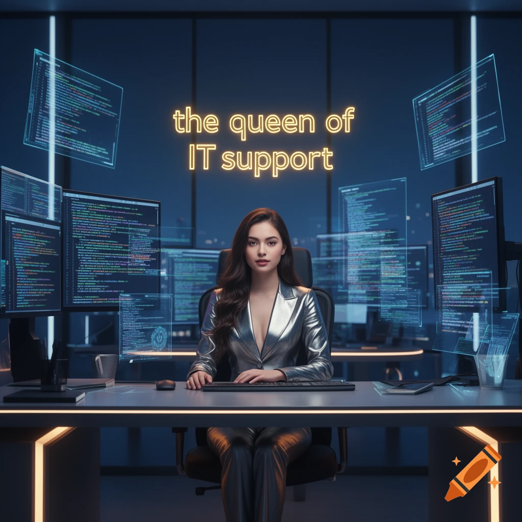 A confident woman in a metallic silver suit sits at an IT desk surrounded by glowing screens displaying code, with the text "the queen of IT support" floating above.
