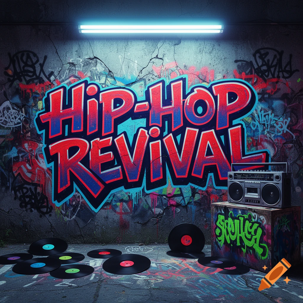 Vibrant 'Hip-Hop Revival' graffiti on a cracked wall with a boombox, scattered vinyl records, and neon light.