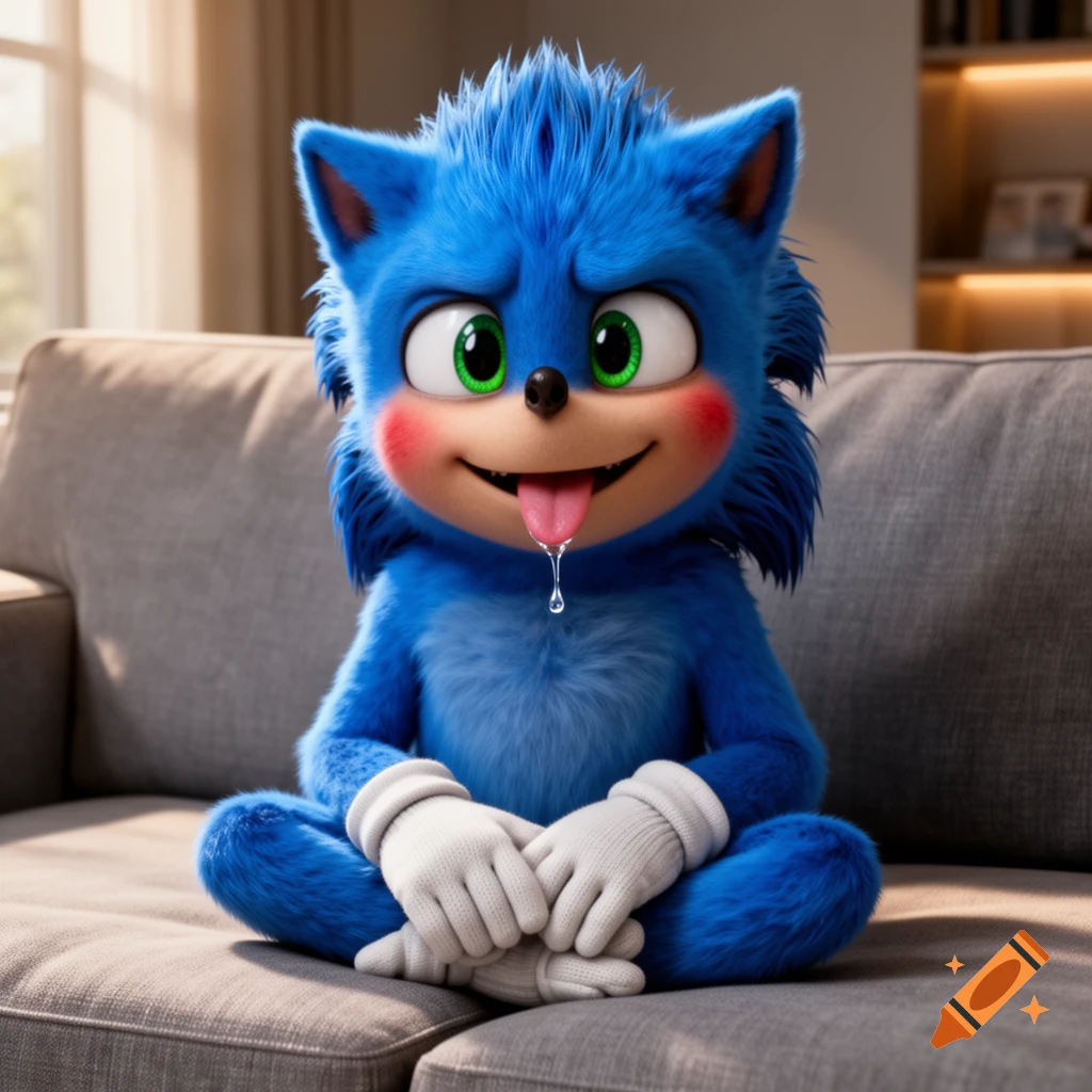 Sonic the Hedgehog sits cross-legged on a gray couch, blushing with his tongue out and a drop of saliva.