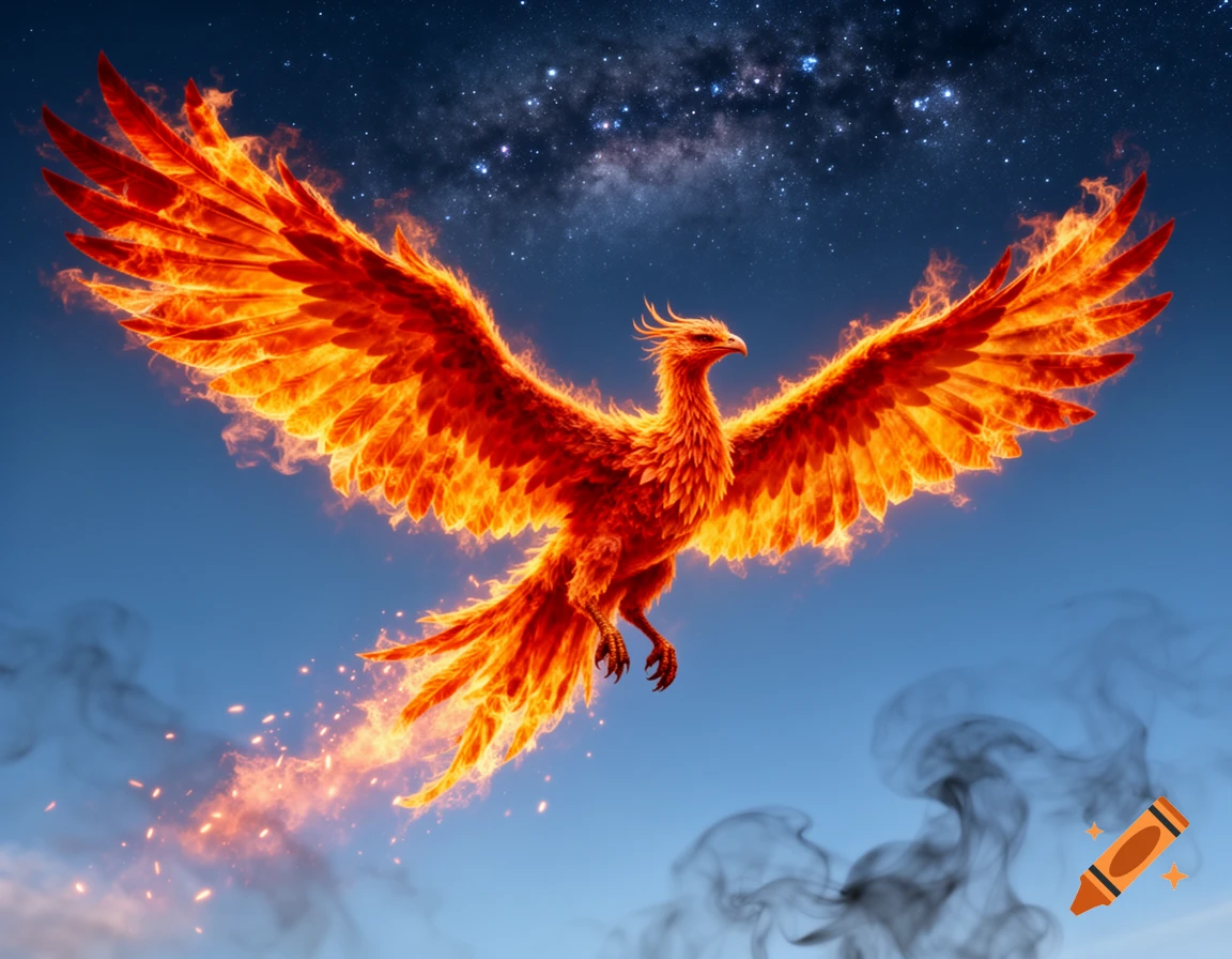 A majestic fiery phoenix with large, outstretched wings flies across a twilight sky with a starry galaxy, leaving a trail of fire and dark smoke.