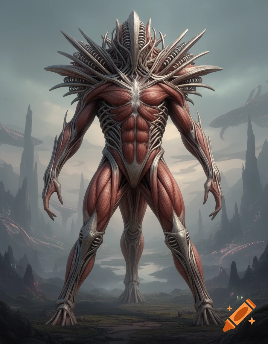 A large, muscular, biomechanical alien creature with radial symmetry stands in a foggy alien landscape with tall spires.