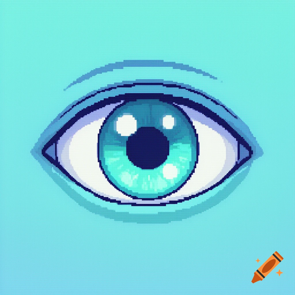 A stylized, pixelated eye with a vibrant blue-green iris and black pupil, set against a lighter blue background.