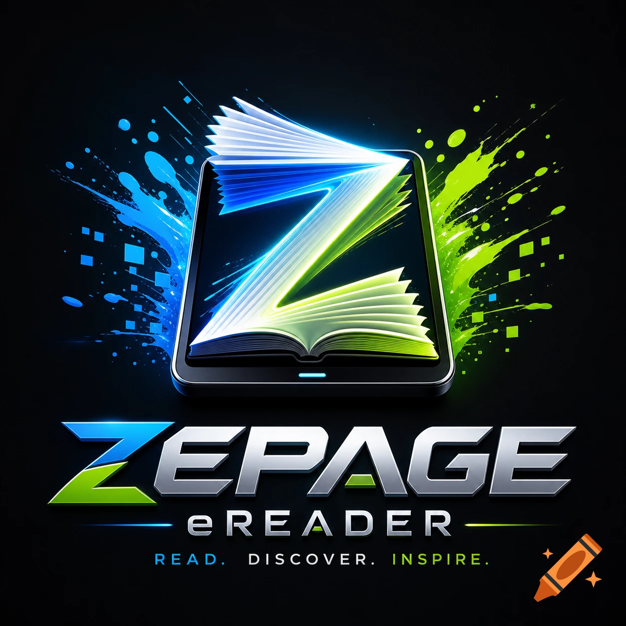 Vibrant e-reader logo featuring a glowing book-shaped 'Z' on a tablet, with blue and green splatters, and text 'ZEPAGE eREADER'.