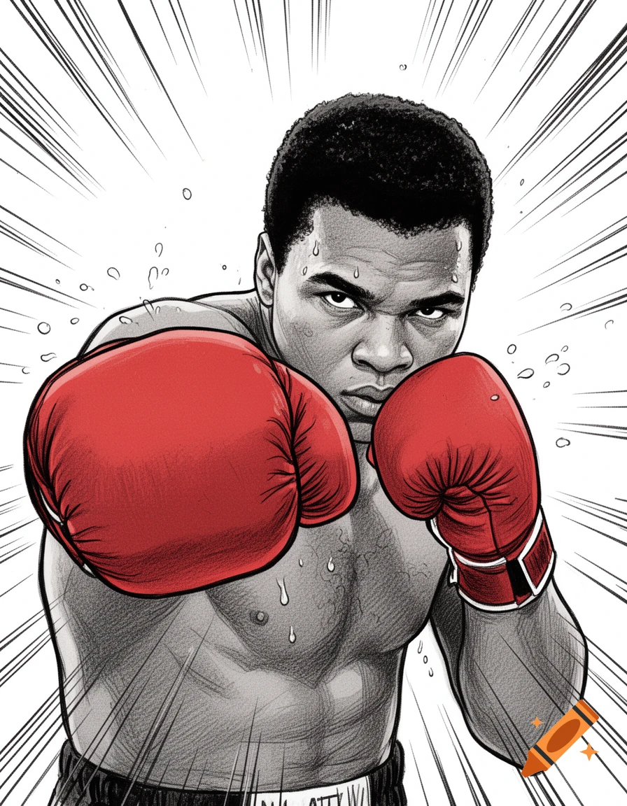 Dynamic comic illustration of Muhammad Ali in a boxing stance with red gloves against a white background with speed lines.