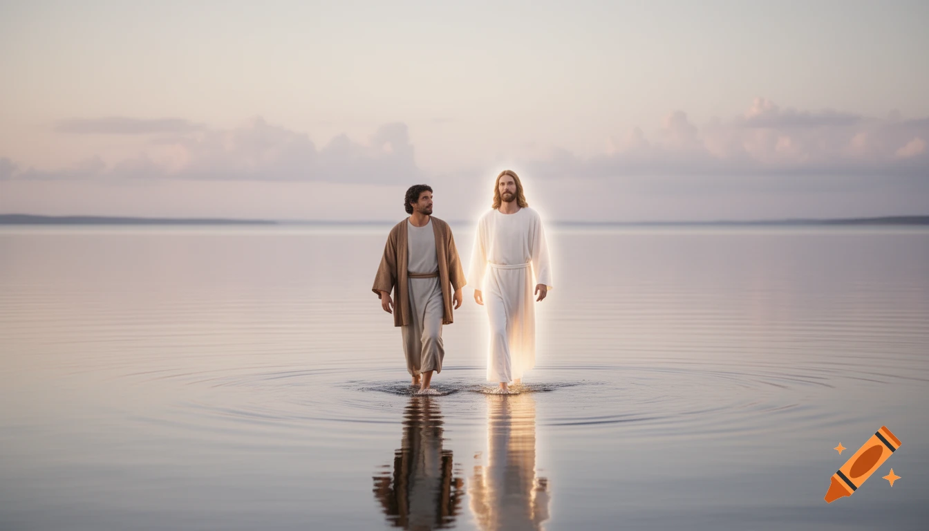 Two men, one glowing like Jesus, walk on still water at sunset with faint clouds reflecting on the surface.