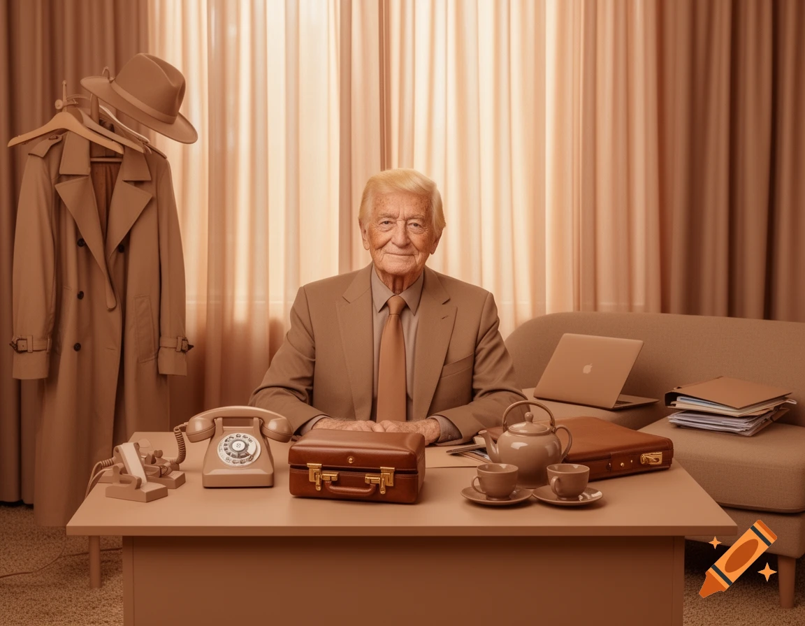 An elderly blond man in a light brown suit sits at a desk with a rotary phone, briefcase, and tea set, all in shades of brown, in an office with matching curtains and a trench coat on a hanger.