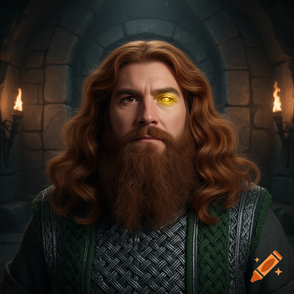 A man with wavy auburn hair and a long beard wears fantasy armor in a stone room, one eye glowing gold.
