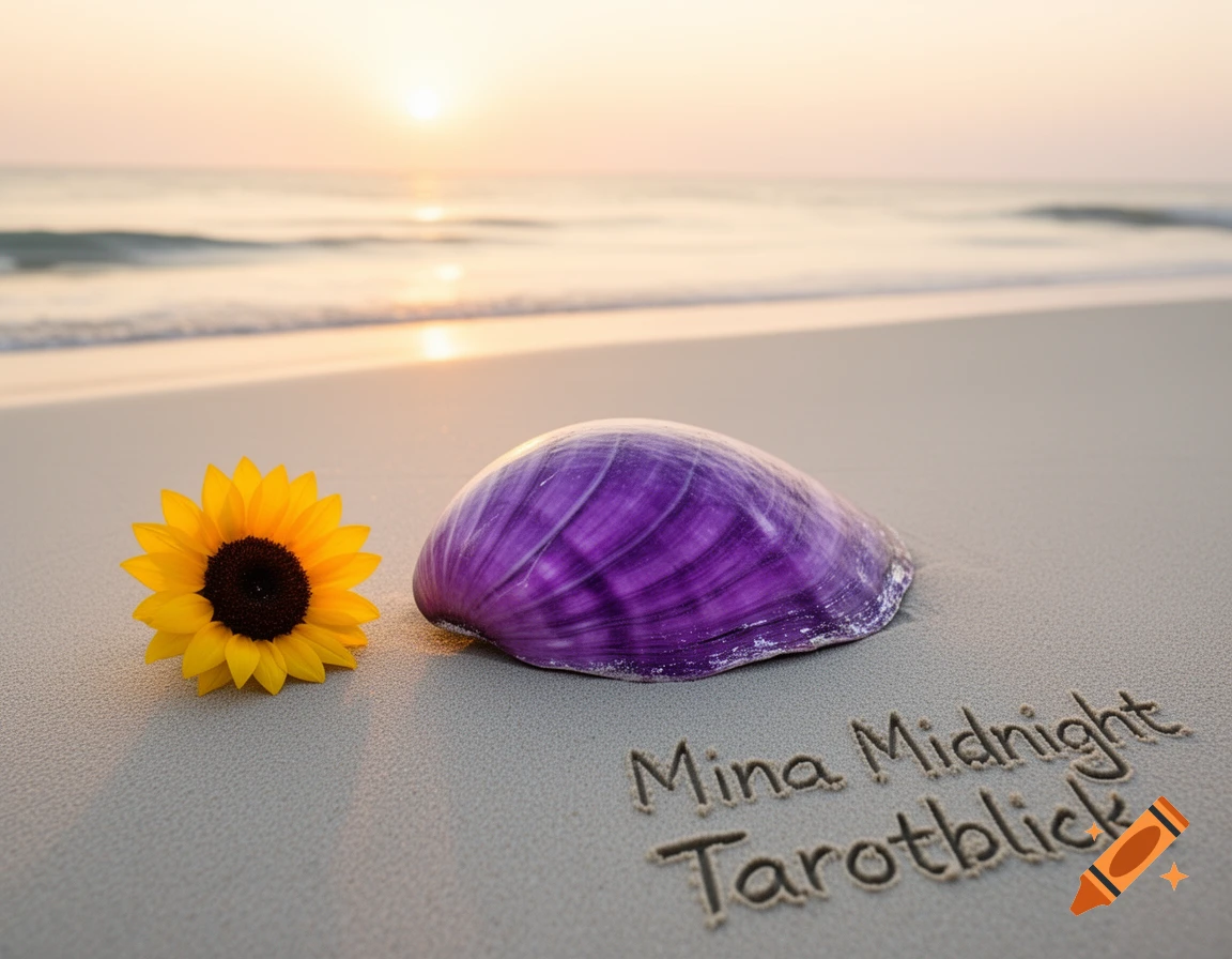 Purple seashell and yellow sunflower on a sandy beach with text 'Mina Midnight Tarotblick' written in the sand, at sunset.