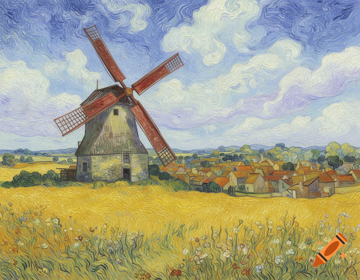 A vibrant, Van Gogh-style painting of a large windmill standing beside a golden wheat field, with a village in the background under a swirling blue sky.