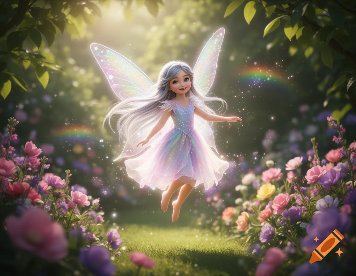 A cheerful fairy with long silver hair, sparkling rainbow wings, and a pastel dress floats in a magical sunlit garden filled with colorful flowers and rainbows.