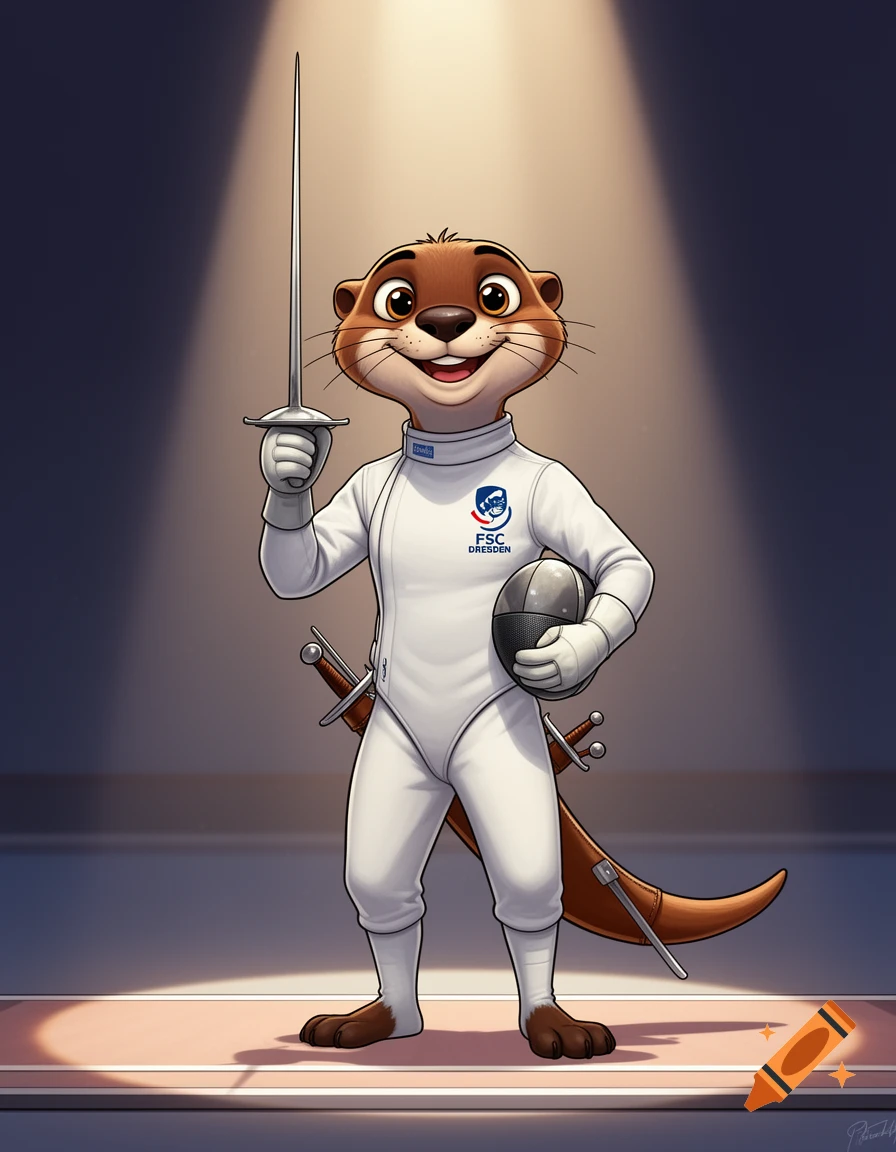 A smiling cartoon otter in white fencing uniform holds a foil and mask, standing on a fencing strip under a spotlight.