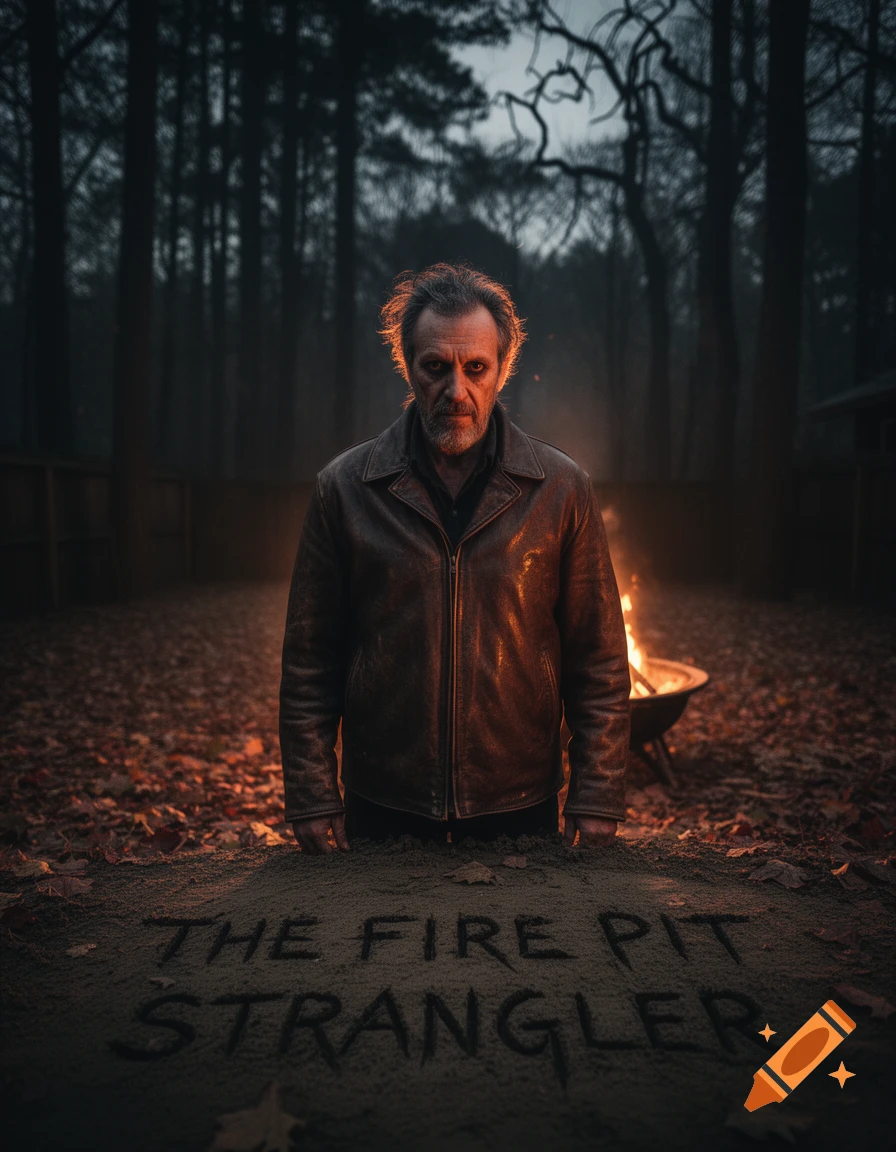 Ominous man in a leather jacket stands in a dark forest with a fire pit. 'THE FIRE PIT STRANGLER' is written in the sand. Photorealistic.