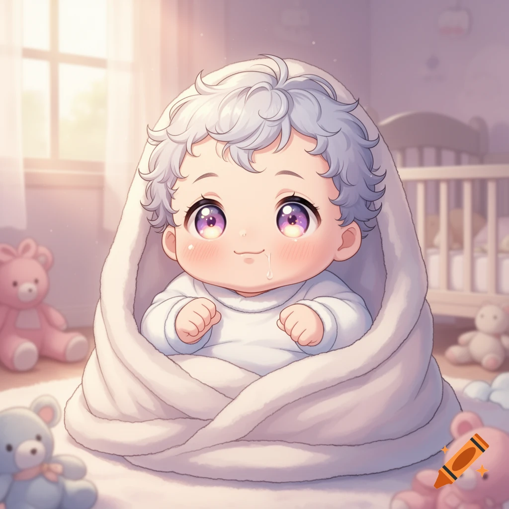 A cute, chubby anime baby with big purple eyes and curly grey hair, wrapped in a white blanket, sitting in a bright nursery surrounded by plush teddy bears.