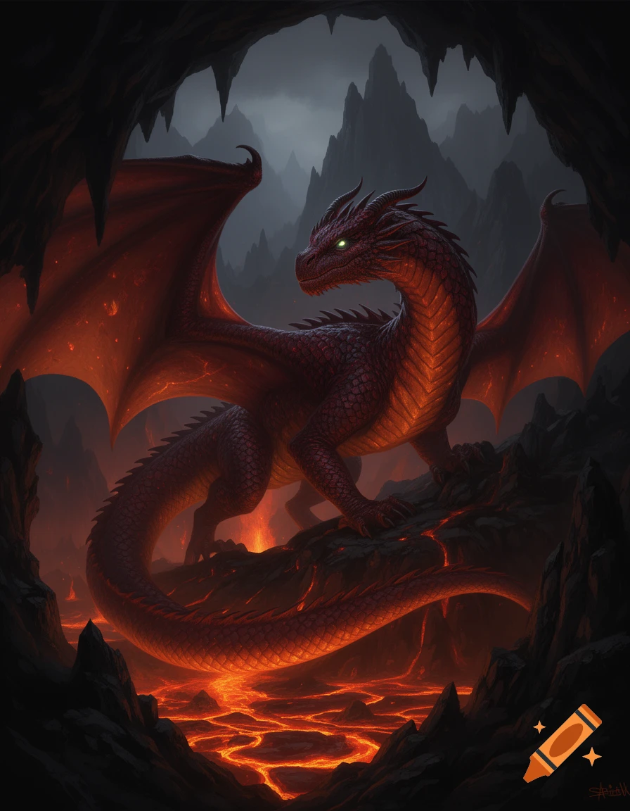 A dark red dragon with glowing green eyes stands on rocky ground over molten lava inside a dark, craggy cave.