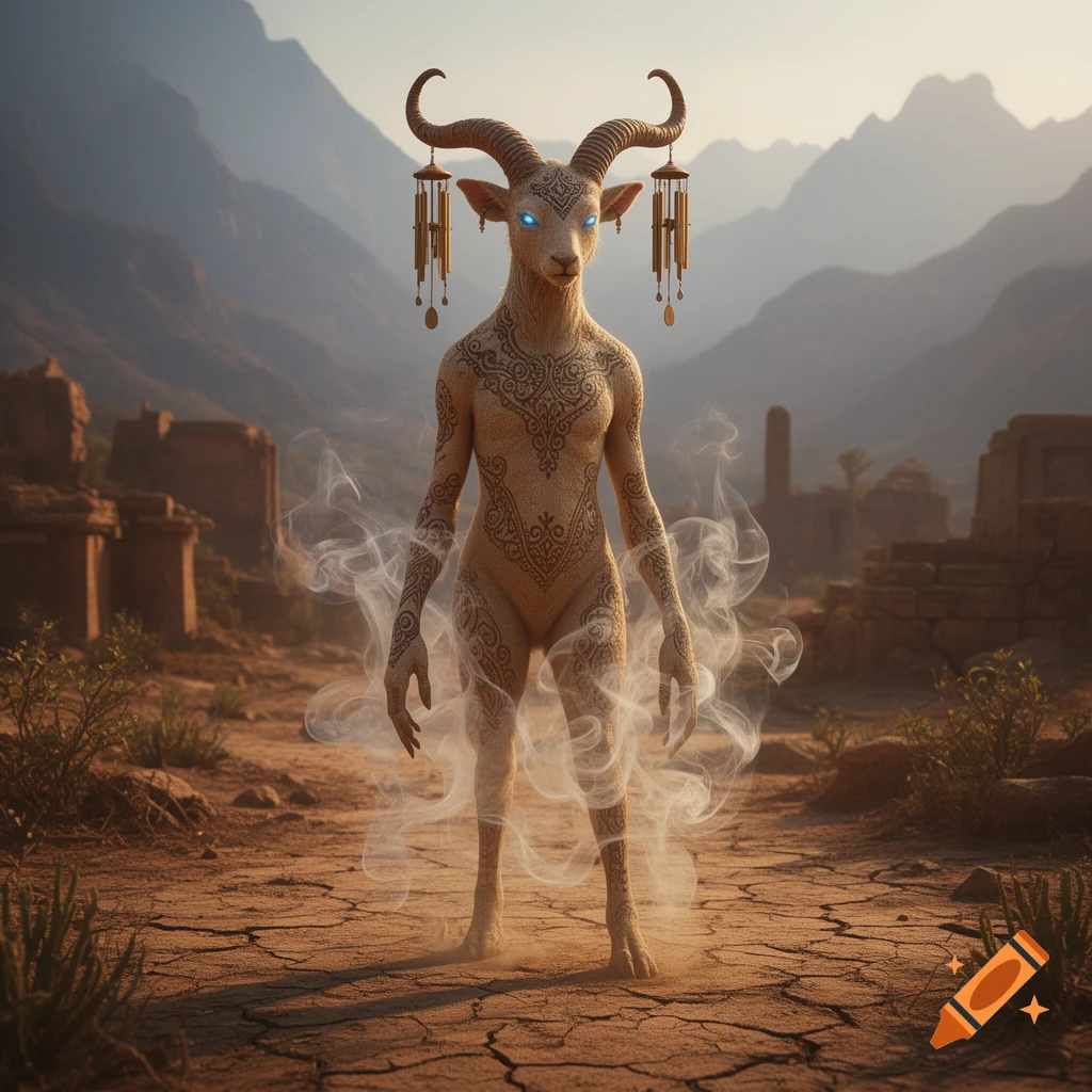 Bipedal goat-headed creature with glowing blue eyes and intricate body patterns stands amidst smoke in a desert with ruins and mountains.