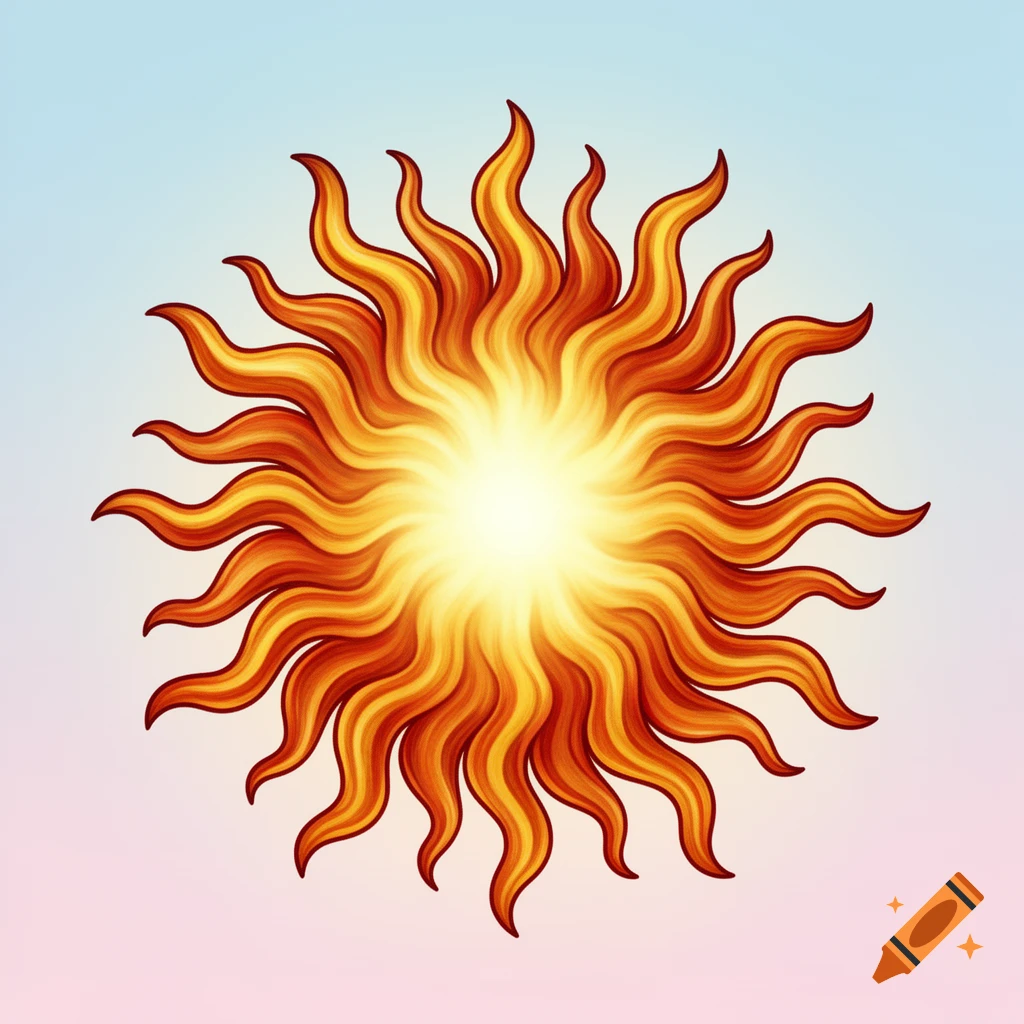 A stylized radiant sun with wavy, flame-like rays in shades of orange and yellow, centered against a soft gradient background of blue and pink.