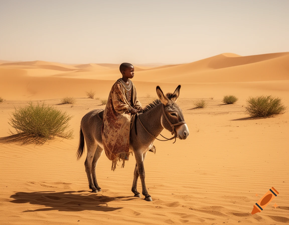 A young child in traditional clothing rides a donkey across rolling sand dunes in a vast desert landscape, rendered in a photorealistic style.