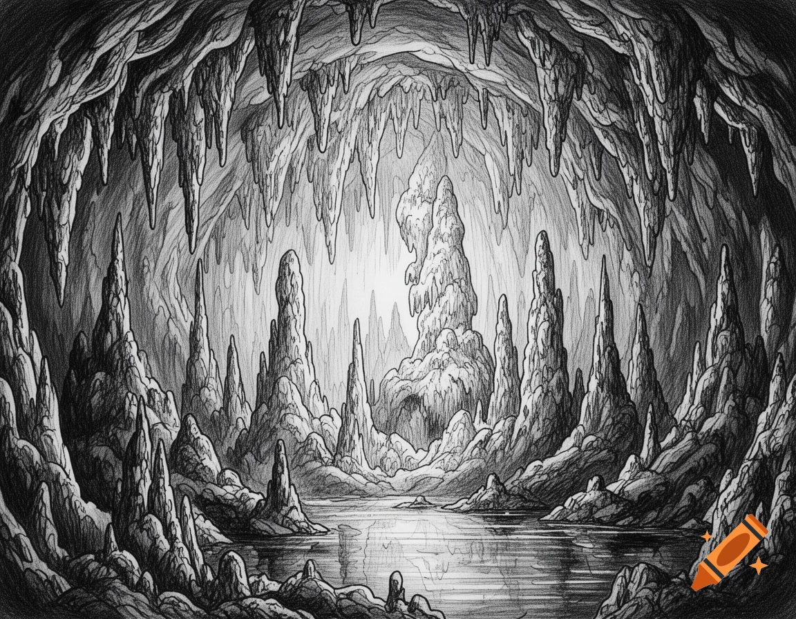 A detailed black and white ink drawing of a cavern with numerous stalactites, stalagmites, and a reflective pool of water.