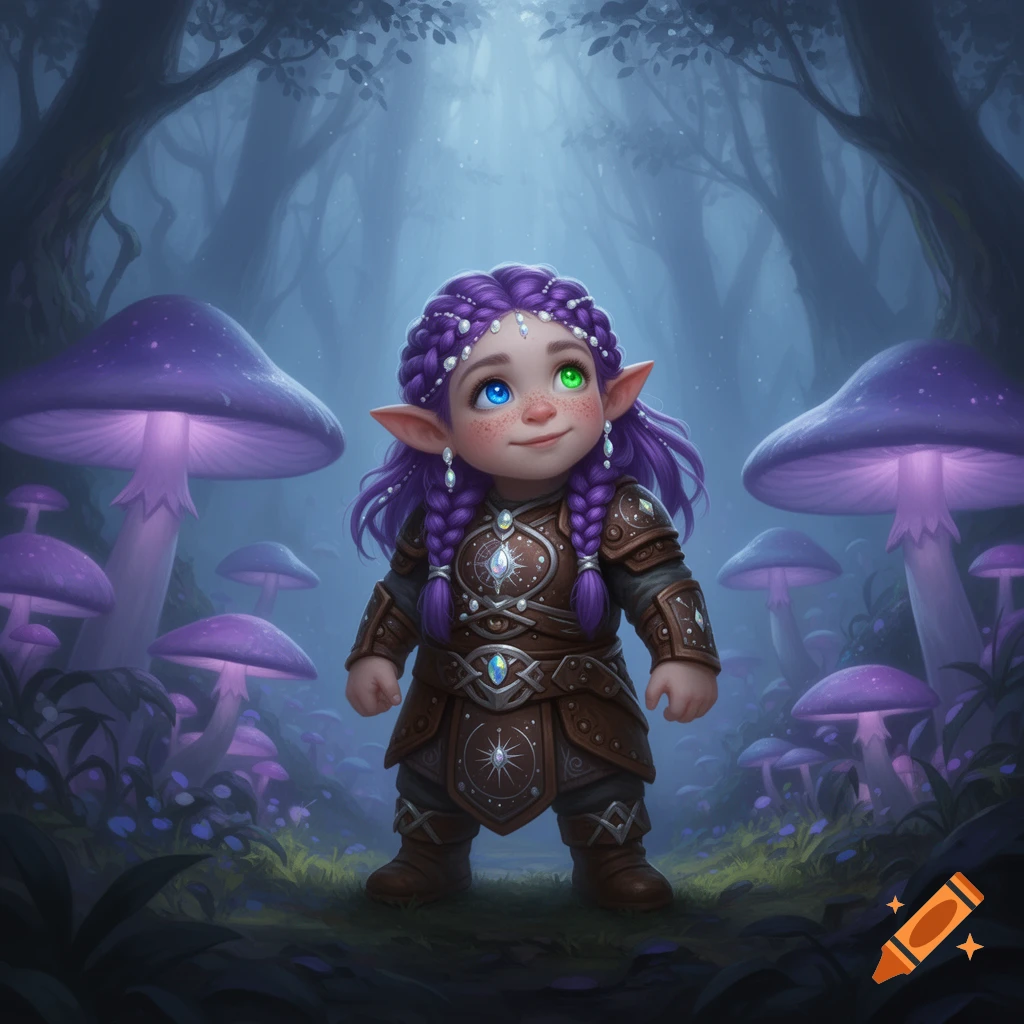 A cute fantasy dwarf girl with purple braided hair and heterochromia, wearing brown armor, stands in an enchanted forest with glowing purple mushrooms.