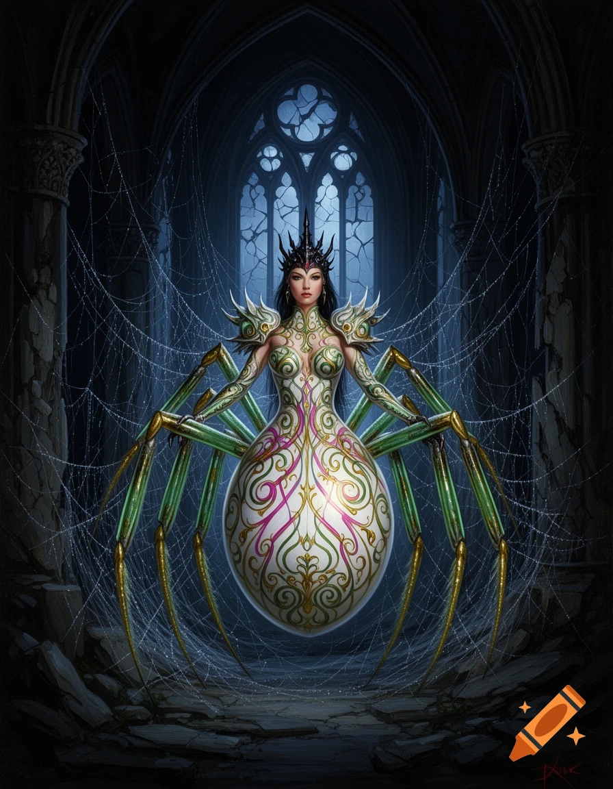 Hyperdetailed dark fantasy oil painting of a Drider queen in a gothic cathedral, with an ornate spider body and green and gold legs.