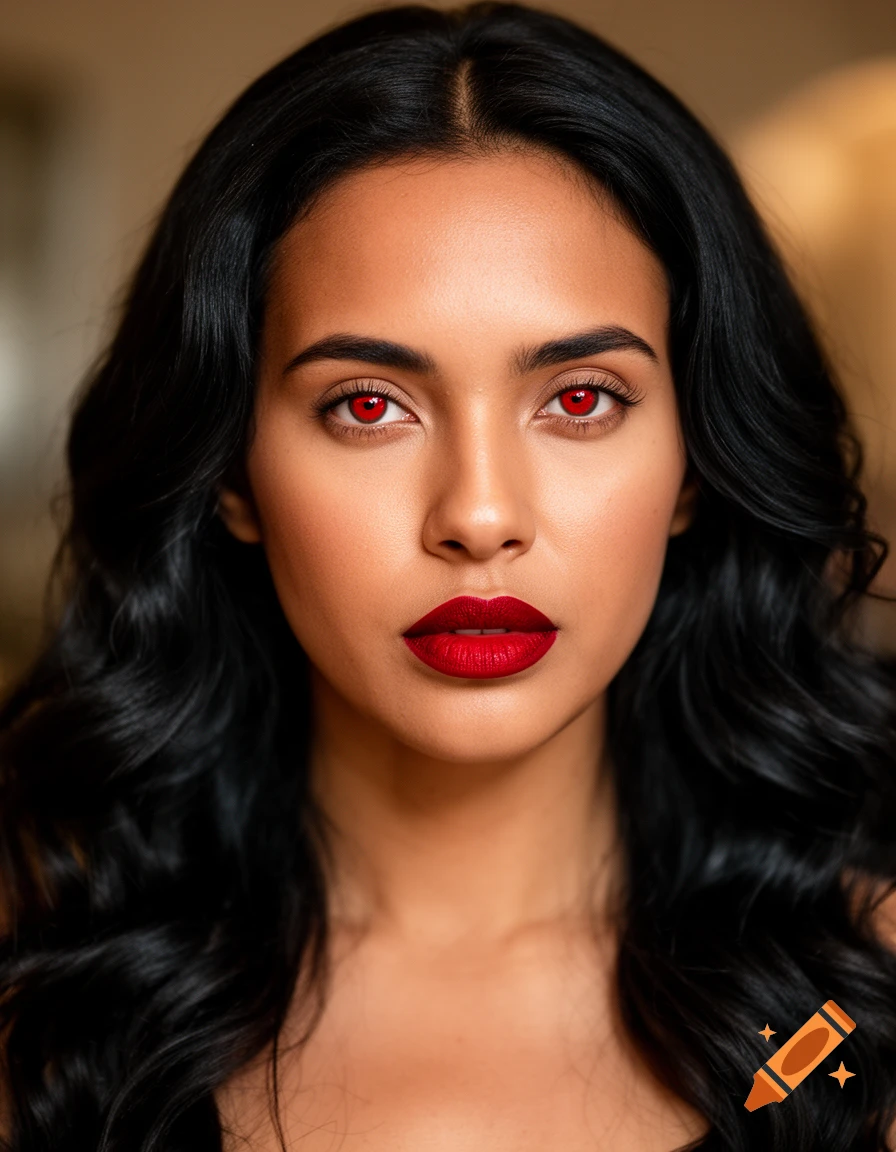 Close-up photorealistic portrait of a tan woman with intense red eyes, red lipstick, and long black wavy hair.