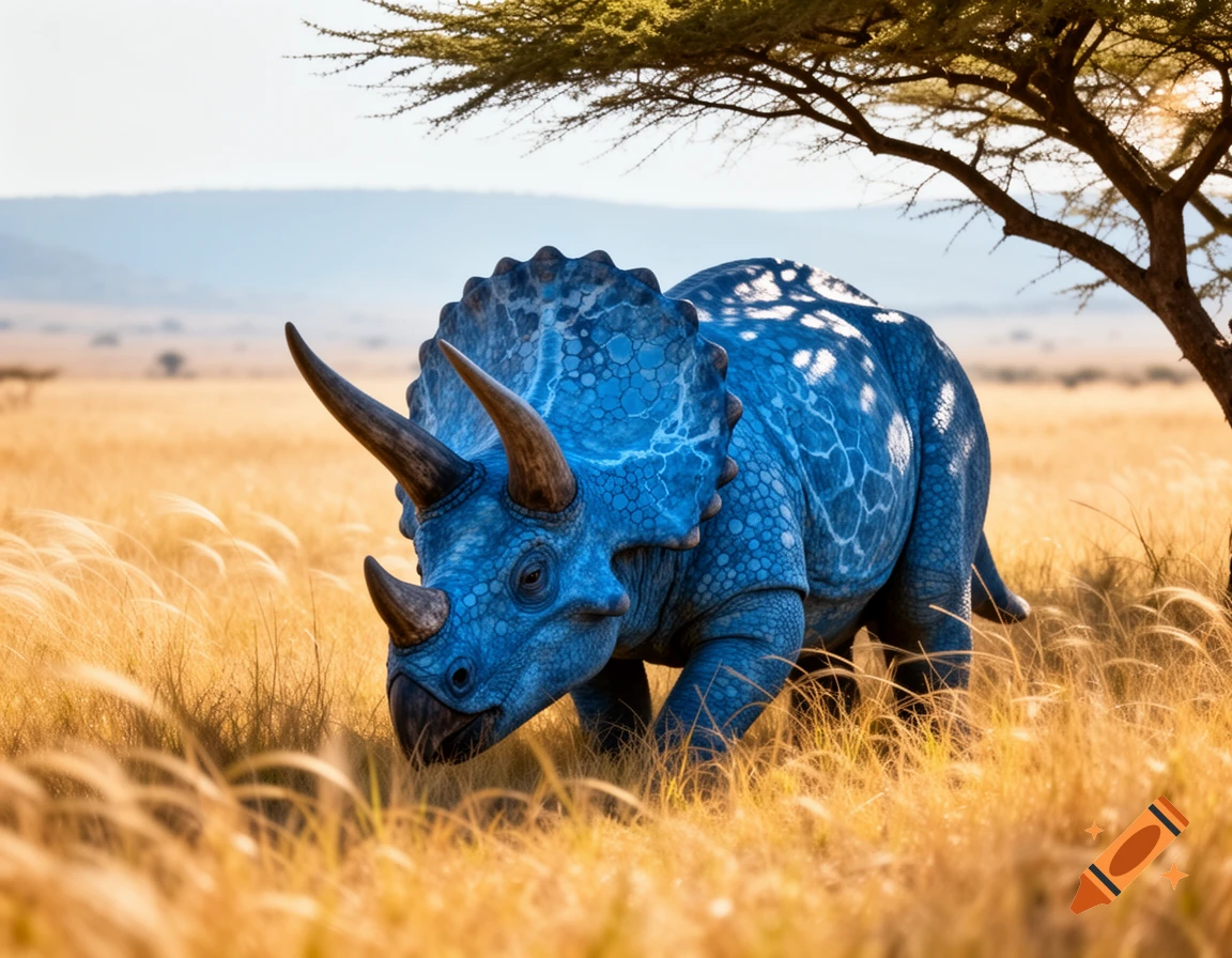 A photorealistic blue triceratops with white spots stands in tall golden grass under a tree in a sunny savanna.