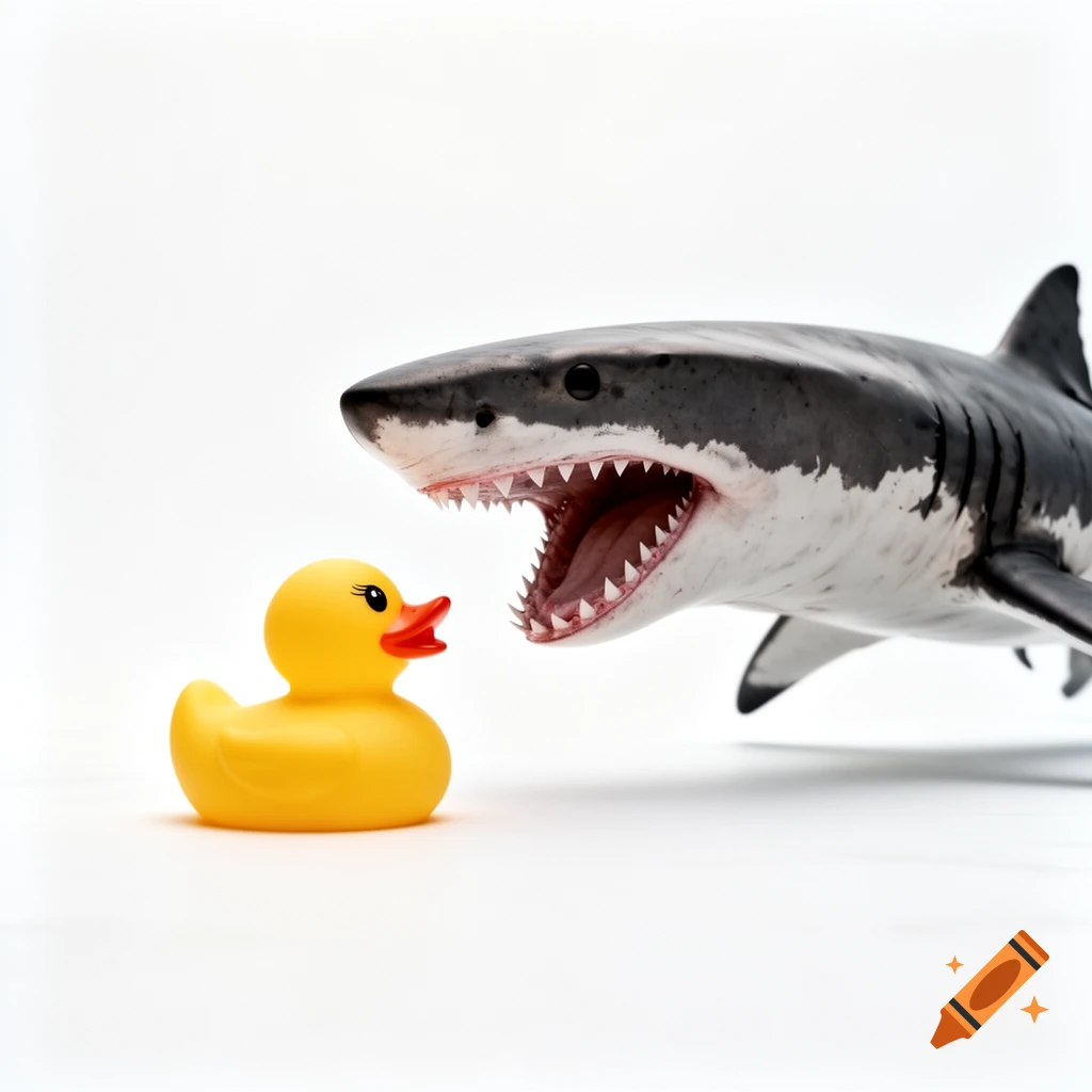 A yellow rubber ducky faces a grey toy shark with its mouth open, on a white background.
