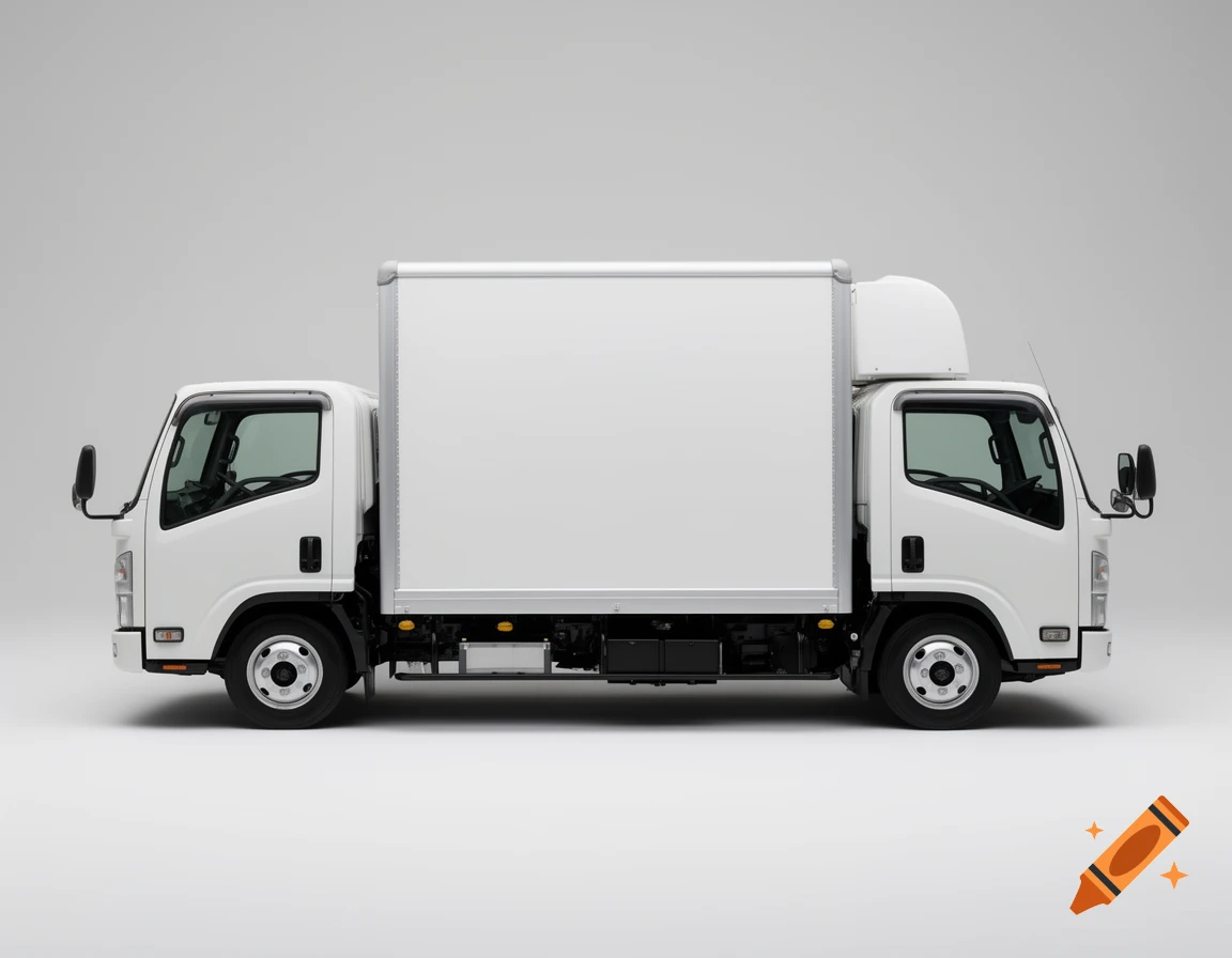 A perfectly centered, side view studio shot of a white Japanese medium-duty box truck on a plain neutral background.