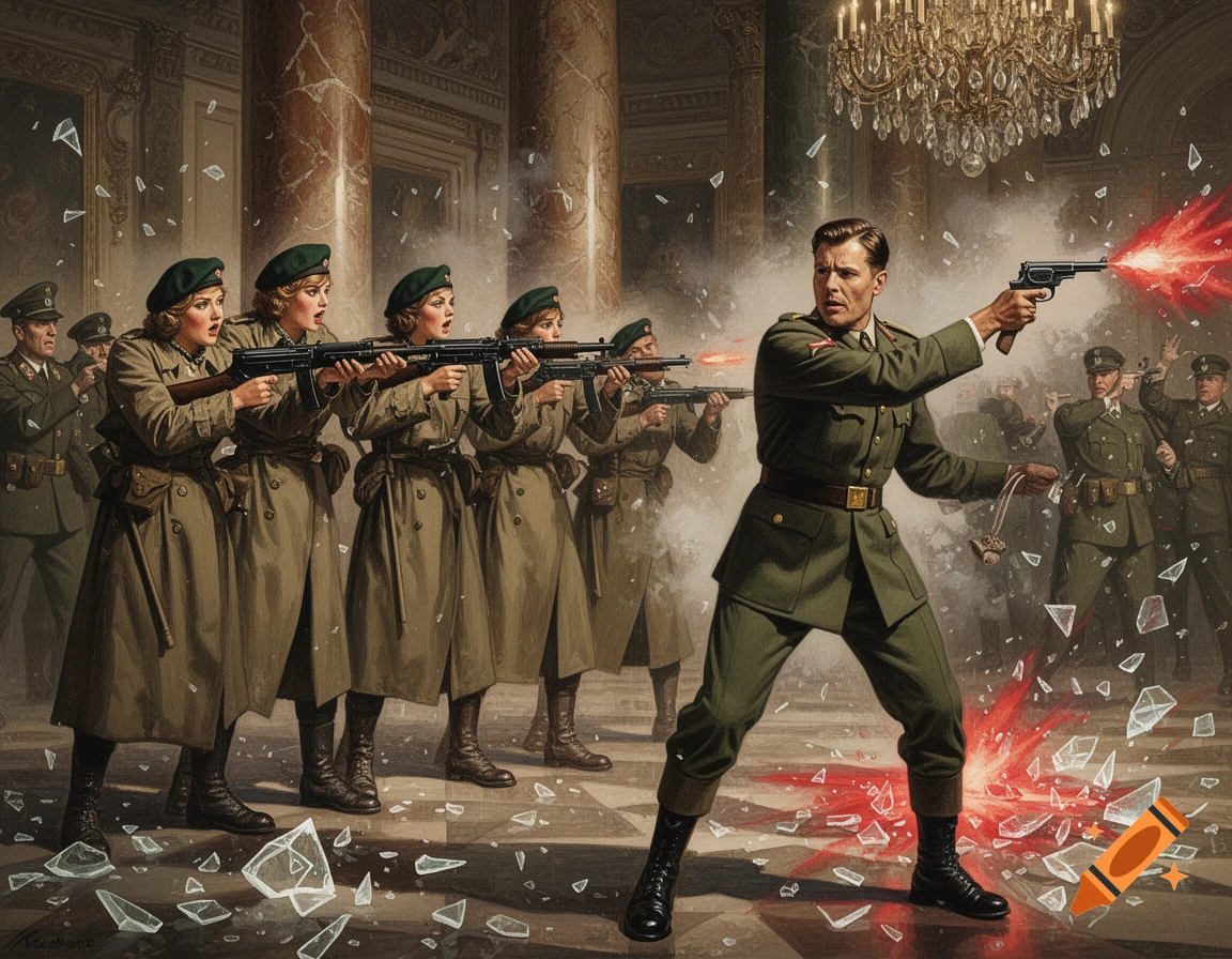 Pulp illustration of soldiers in a grand hall, a man with a pistol and women with submachine guns in a chaotic gunfight with shattered glass flying.