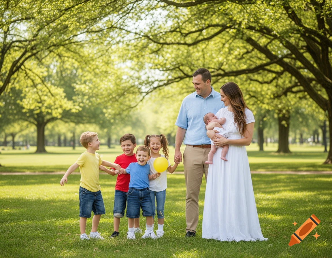 A large family with a mother holding a baby, a father, and four children standing and smiling in a sunny green park with trees.