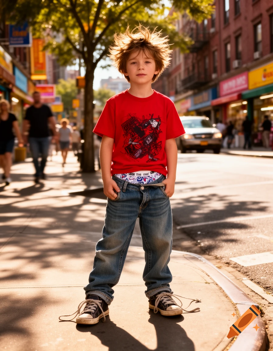 A young boy with spiky hair and a red t-shirt stands on a sunny city sidewalk, his jeans sagging to reveal Hello Kitty underwear.