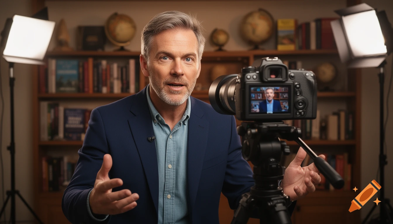 A man in a suit speaks into a camera in a studio setting with bookshelves and globes, like a documentary host.