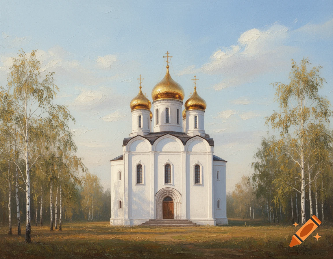 A white Russian Orthodox church with golden domes stands in a field with birch trees under a blue sky, painted in acrylic style.