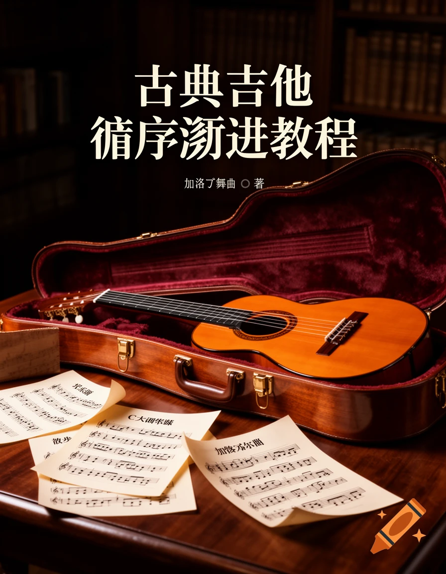 A classical guitar lies in its open, velvet-lined case on a wooden table, surrounded by scattered sheets of music.