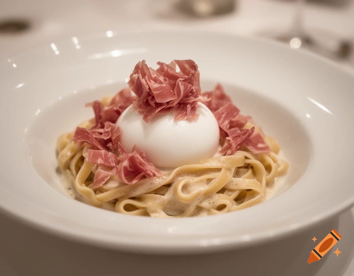 A close-up photorealistic image of tagliatelle with creamy sauce, a burrata ball, and thin slices of speck on a white plate.