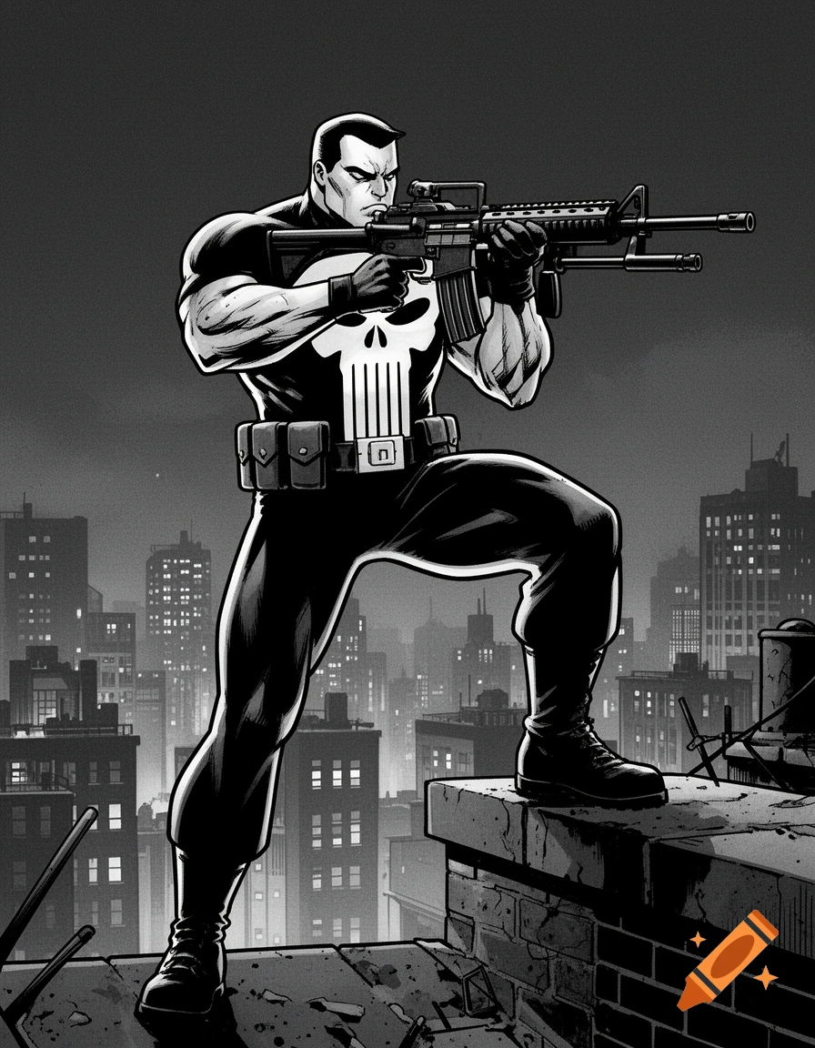 Classic Marvel The Punisher in a black and white comic art style, standing on a rooftop aiming a rifle.
