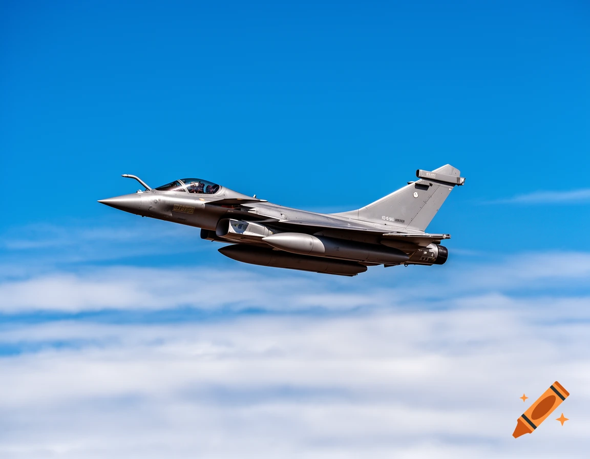 A grey Rafale fighter jet flies against a clear blue sky with some white clouds.