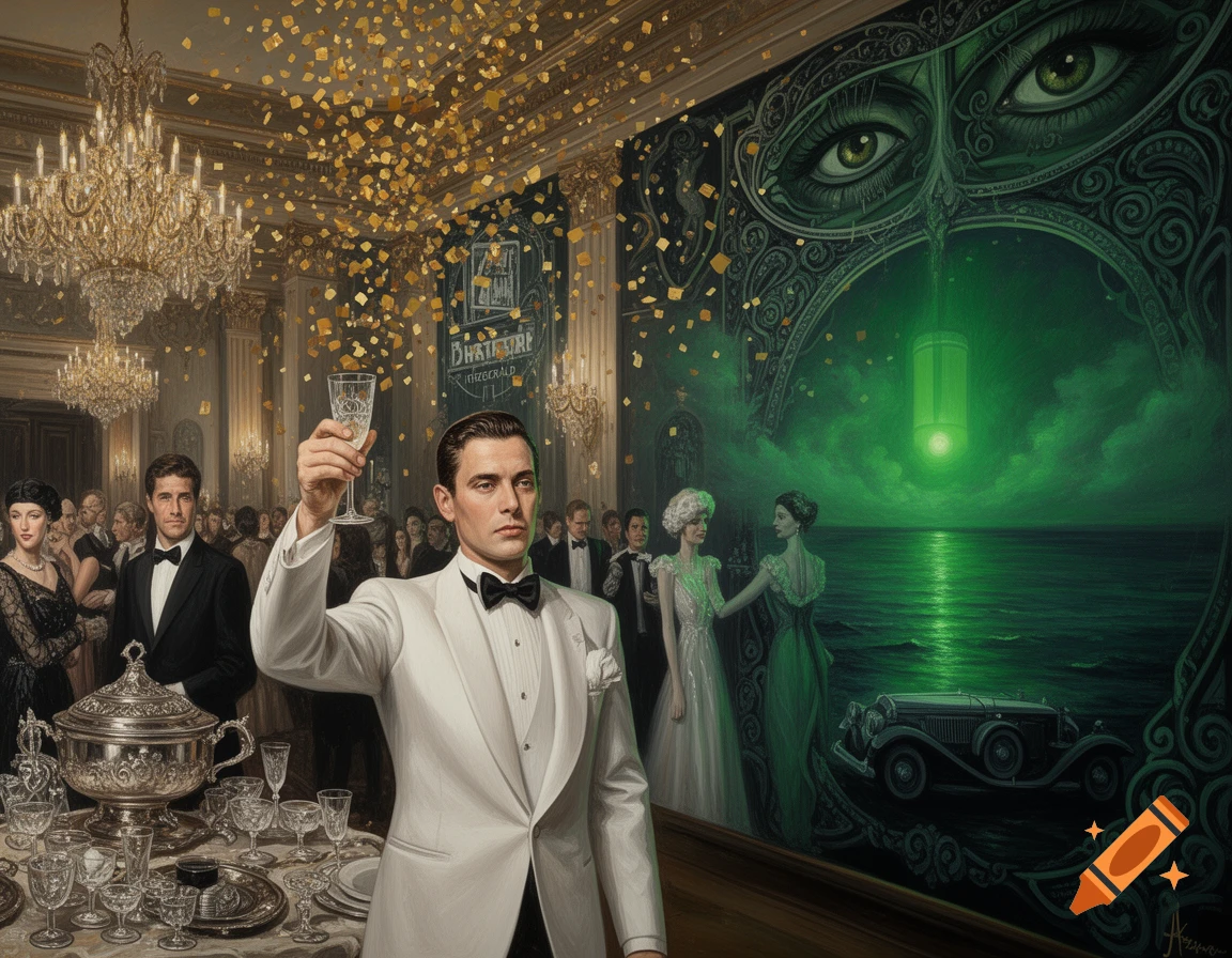 A man in a white tuxedo raises a glass at a lavish 1920s party with golden confetti falling and a mystical green mural.