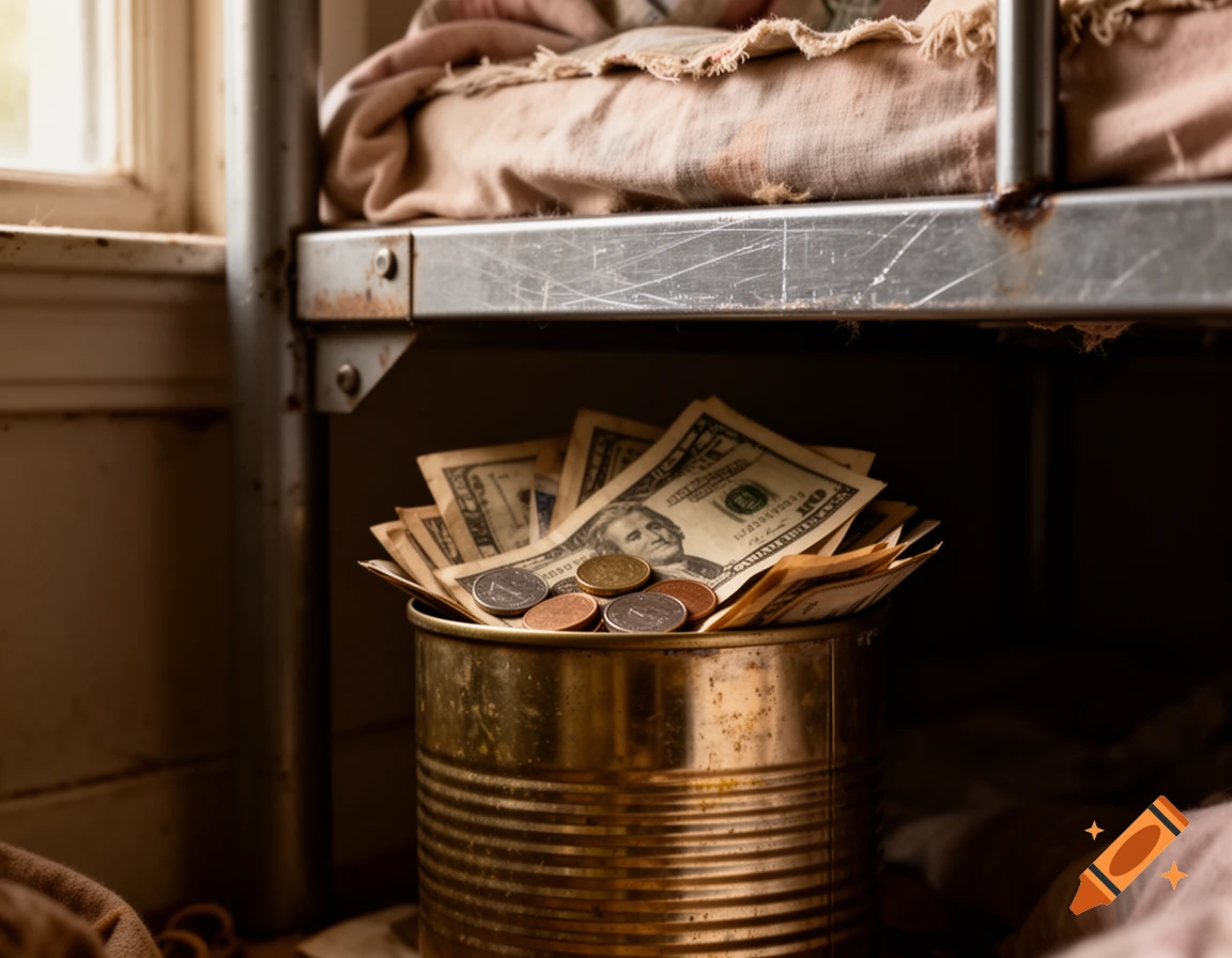 A rusty tin can filled with US dollar bills and coins sits beneath a metal bunk bed, next to a window.